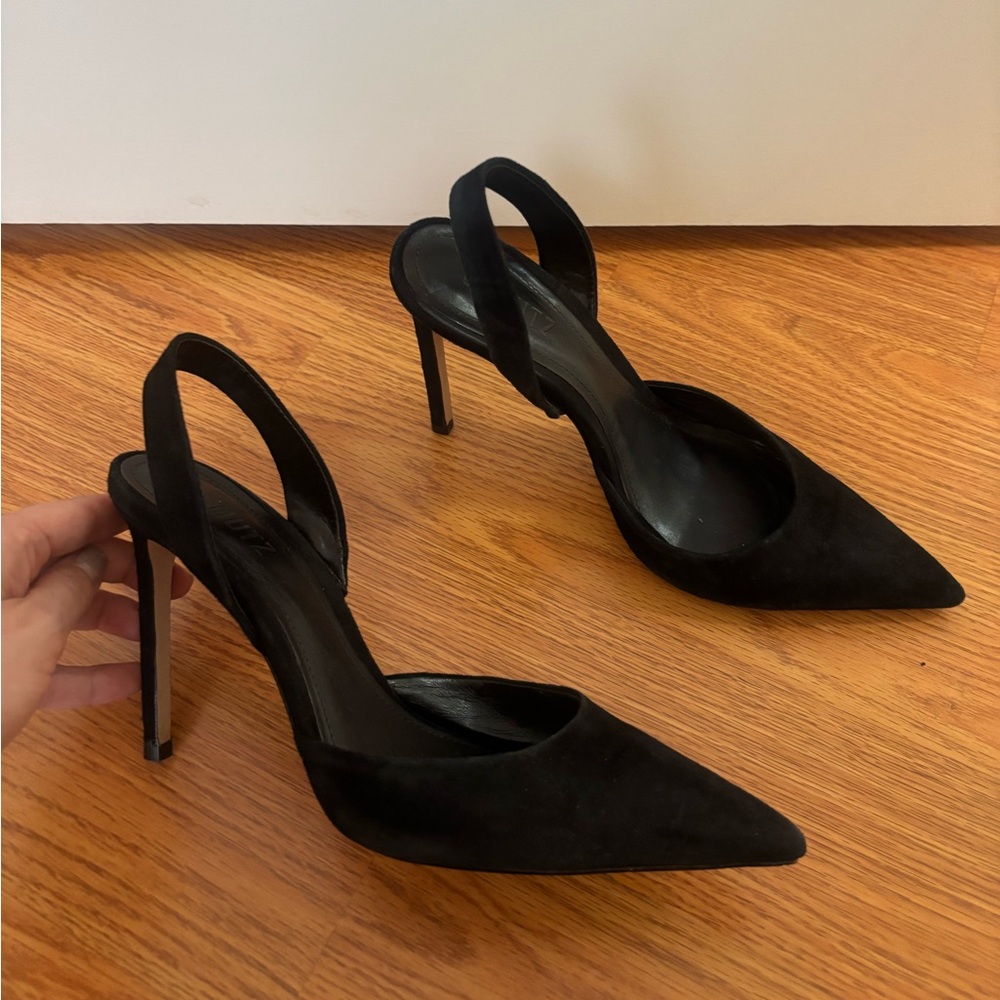 SCHUTZ Black Pointed-Toe Suede Slingback Heels - Picture 2 of 6